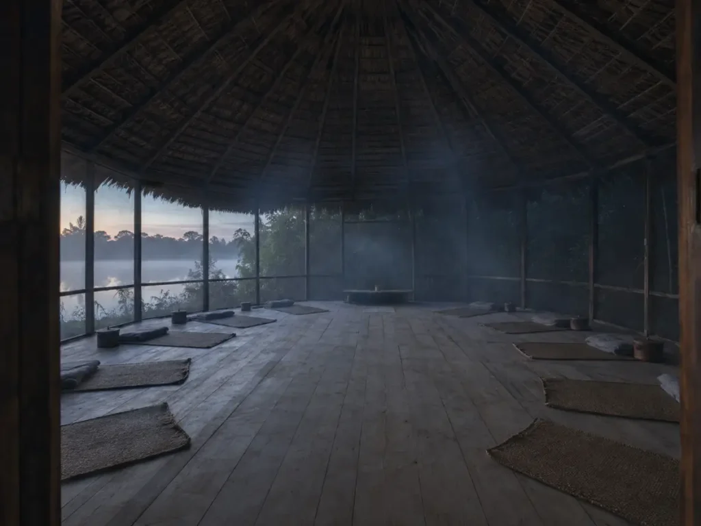Maloca at dawn on the Rio Momon where ayahuasca ceremonies affect the brain overnight