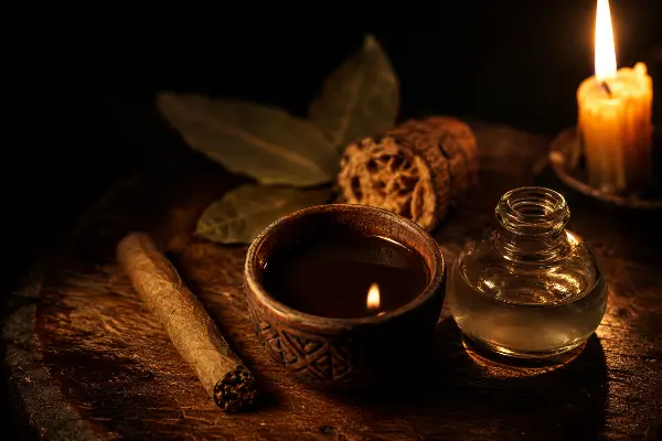 Ayahuasca brew in a wooden cup with chacruna leaf and vine before a ceremony