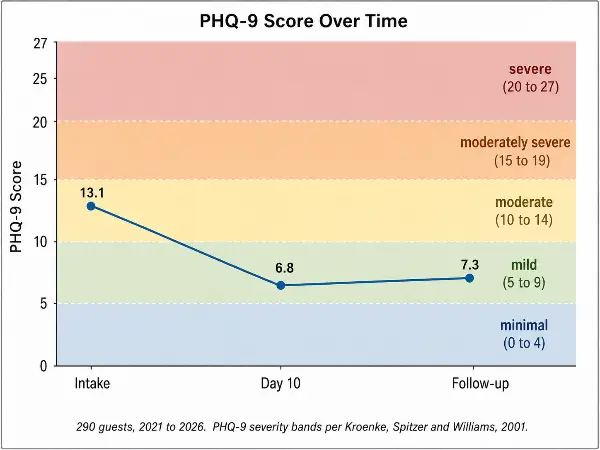 PHQ-9 depression scores for 290 ayahuasca retreat guests at intake, day 10 and 3 months
