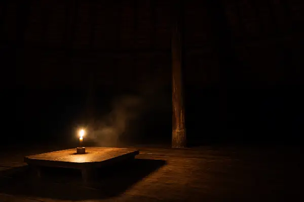 Single candle in a dark maloca before the ayahuasca ceremony begins