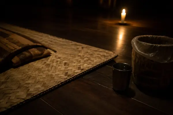 Ceremony mat with purge bucket and water cup during an ayahuasca night