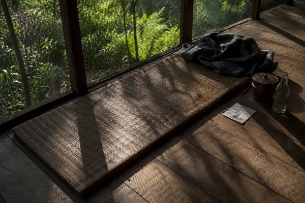 Empty ceremony mat and blanket the morning after an ayahuasca ceremony