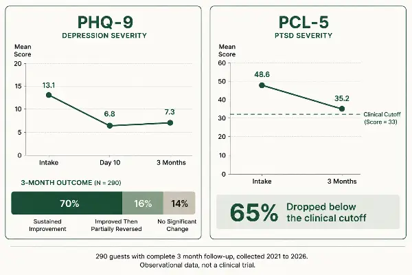 PHQ-9 and PCL-5 scores for 290 ayahuasca retreat guests at intake, day 10 and 3 months