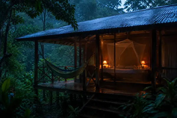 Guest bungalow and hammock where ayahuasca after-effects are slept off, Rio Momon
