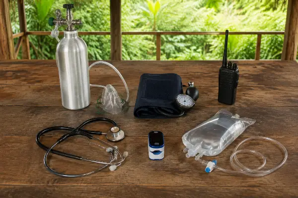 Emergency medical kit kept on site during ayahuasca ceremonies in Iquitos