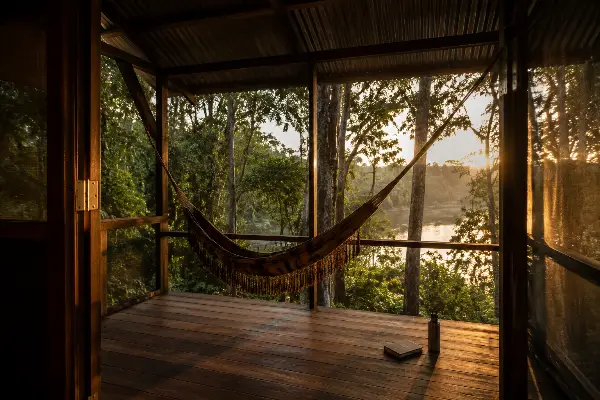 Guest tambo porch with hammock overlooking the Amazon rainforest at dawn