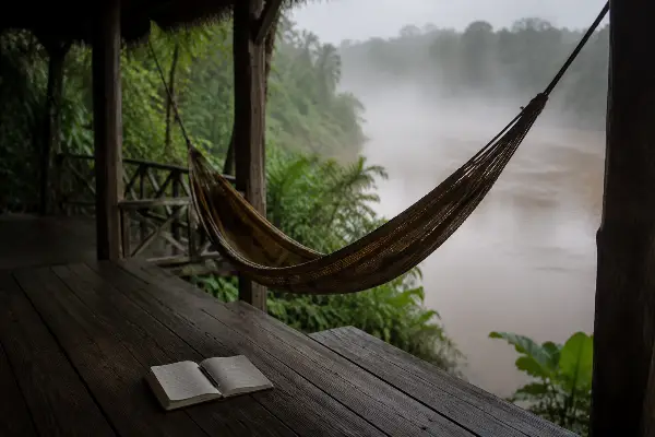 Hammock and journal on a tambo porch the morning after an ayahuasca ceremony