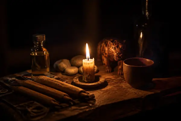 Ceremony altar with beeswax candle, mapacho tobacco and river stones in a jungle maloca