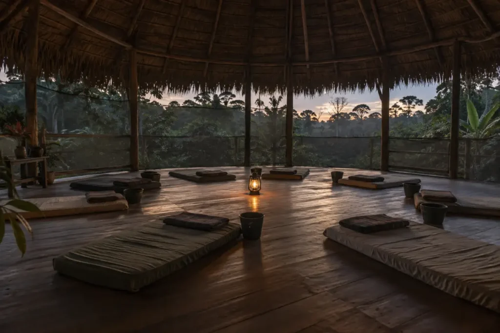 Maloca set for an ayahuasca ceremony at dusk near Iquitos, Peru