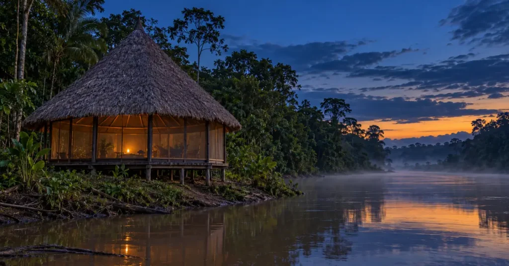 Octagonal maloca at blue hour on the Río Momón before an ayahuasca ceremony