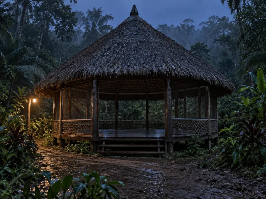 Empty octagonal maloca at dusk at an ayahuasca retreat on the Rio Momon
