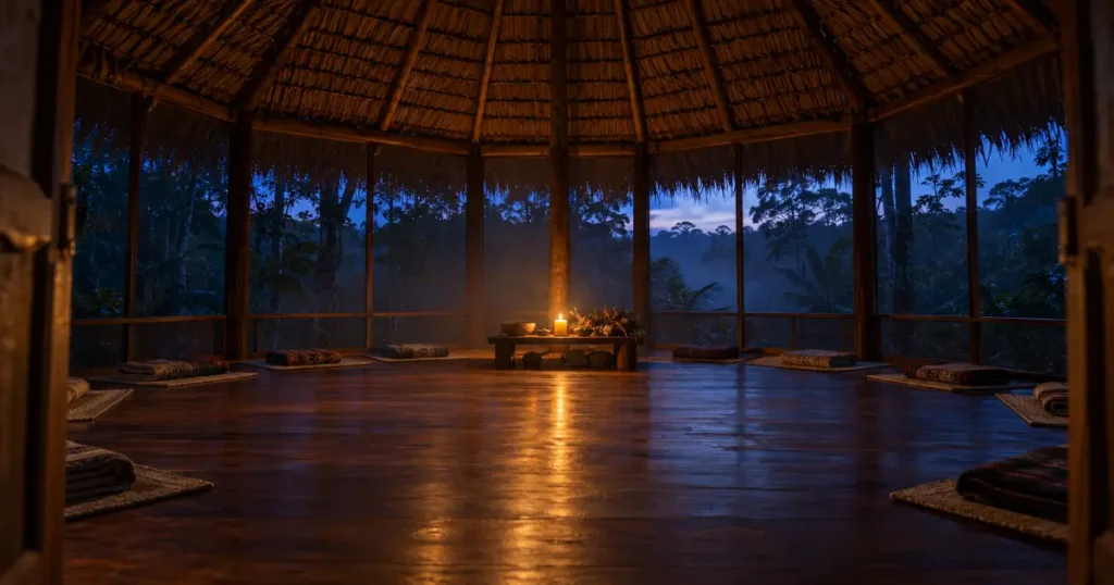 Empty maloca at dusk with a single candle and ceremony mats, the room where ayahuasca ego dissolution unfolds