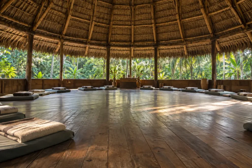 Empty maloca with ceremony mats at an Iquitos ayahuasca retreat