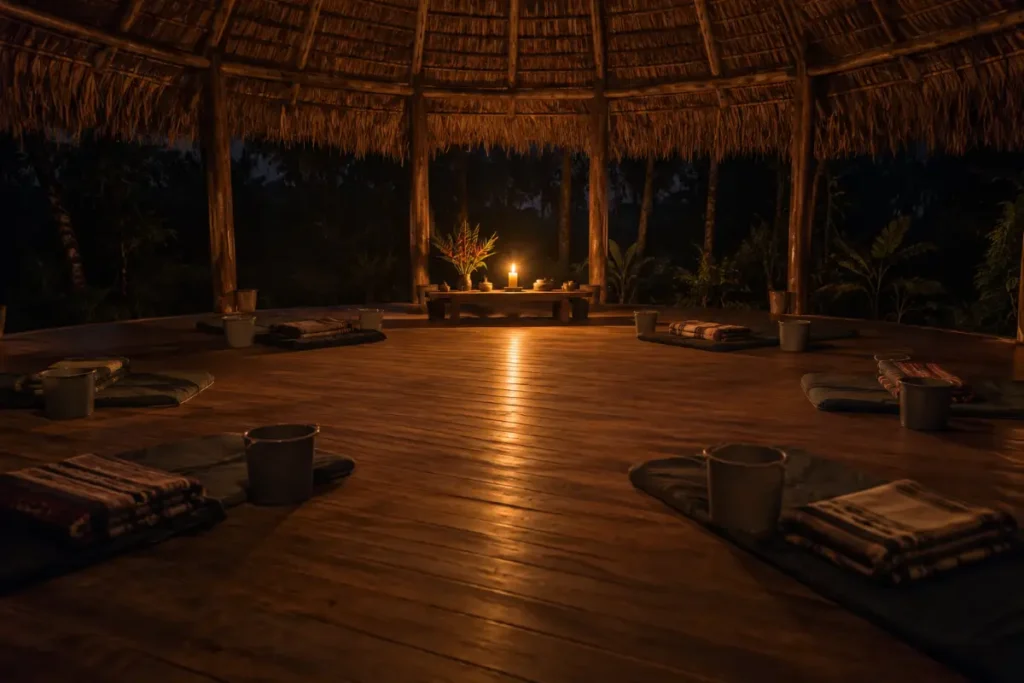 Maloca at night set up for an ayahuasca ceremony for grief near Iquitos
