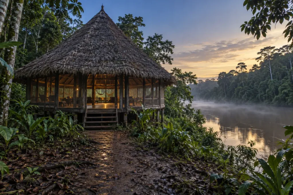 Maloca at dawn on the Río Momón, where ayahuasca and life purpose work begins