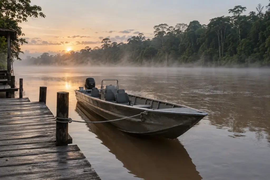 Fast launch at the dock used for medical evacuation from an Iquitos ayahuasca retreat