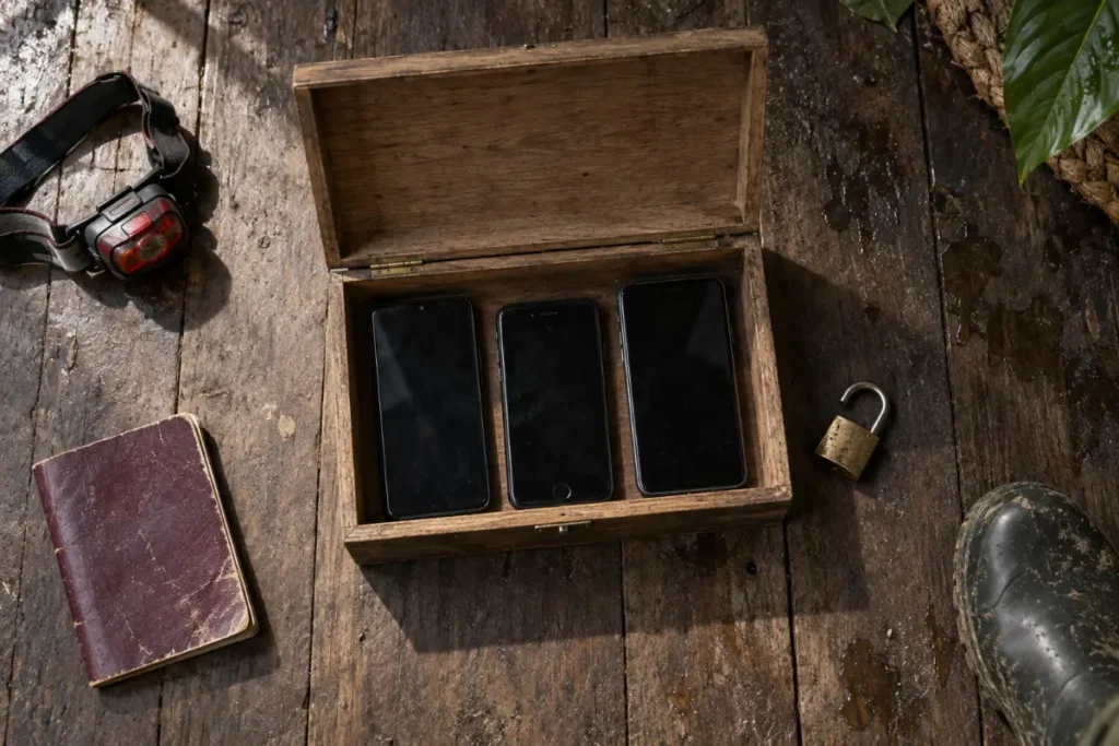 Phones going into the locked box at the start of a 10-day ayahuasca retreat