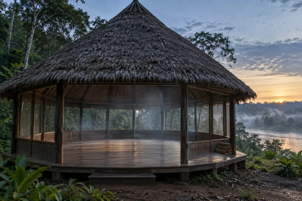 Octagonal thatched maloca at first light on the Rio Momon, Peru