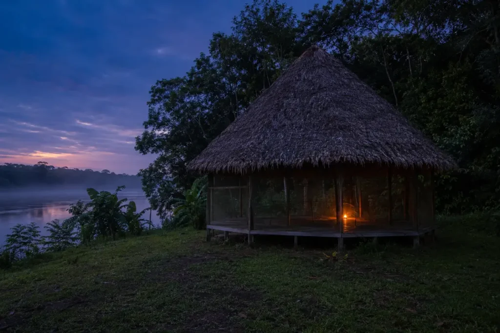 Octagonal maloca at dusk on the Rio Momon where ayahuasca ceremonies are held in Peru