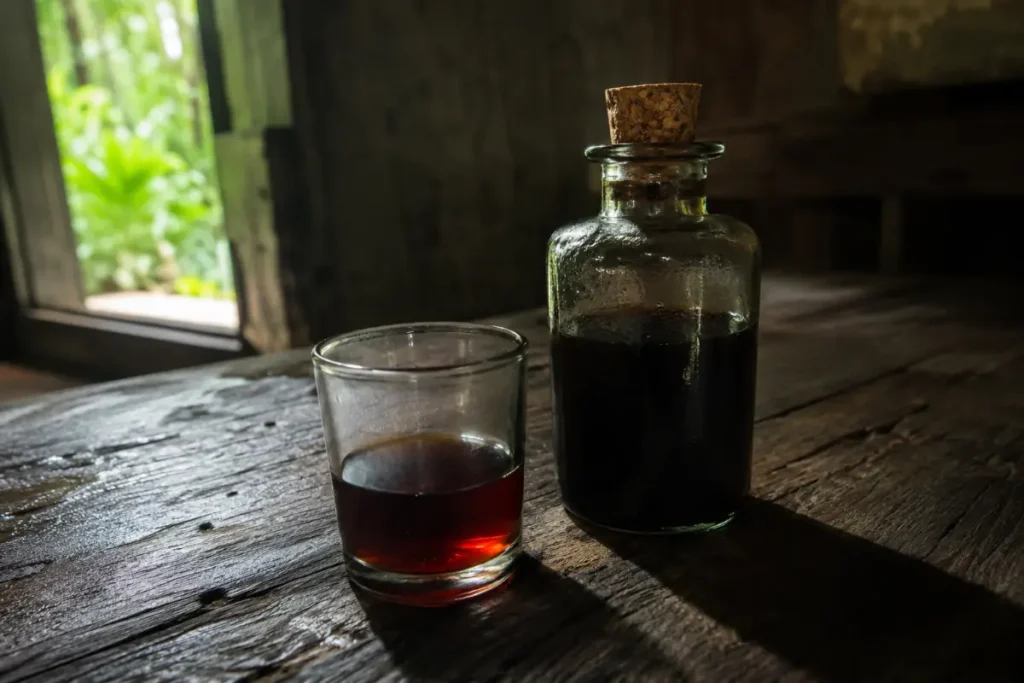 Measured cup of ayahuasca brew beside its bottle, the dose question behind microdosing