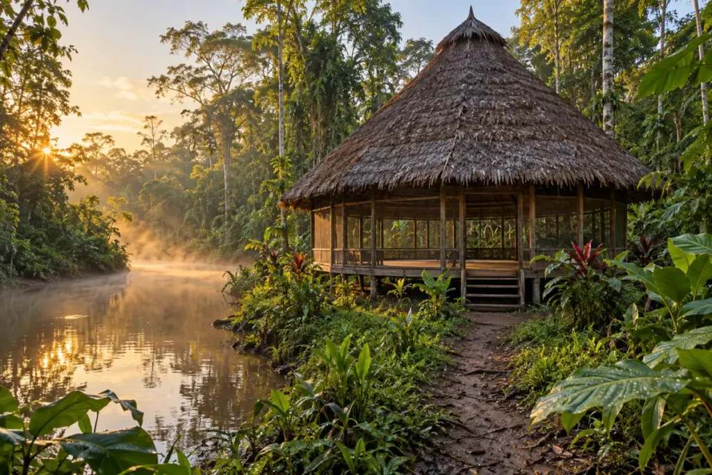 Palm-thatch maloca at dawn beside a jungle river at an ayahuasca retreat near Iquitos, Peru