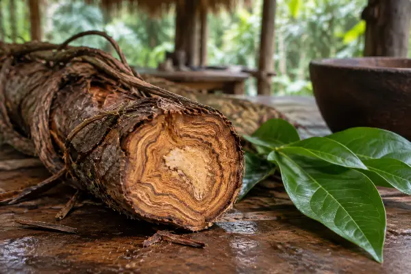 Cut Banisteriopsis caapi vine showing the grain, the source of harmine