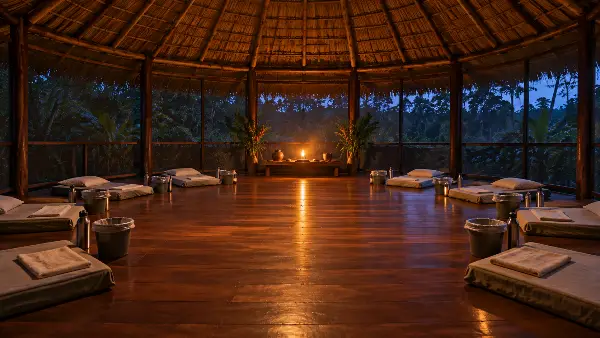 Maloca set for an ayahuasca ceremony with 10 mats, blankets, buckets and 1 candle on the altar