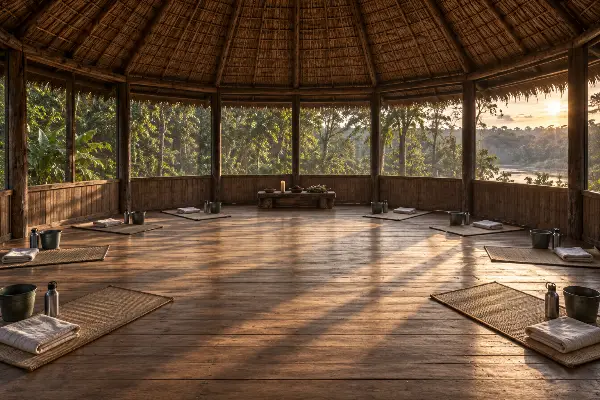 Maloca set with 10 guest mats before an ayahuasca ceremony