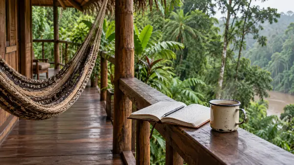 Journal on a tambo porch the morning after ayahuasca ceremony near Iquitos