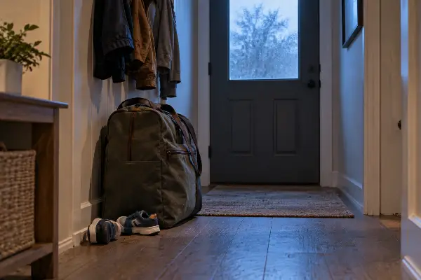 Packed bag by the front door before 10 days away at an ayahuasca retreat