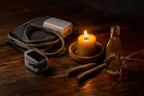 Pulse oximeter and blood pressure cuff beside a ceremony candle at an Amazon ayahuasca retreat