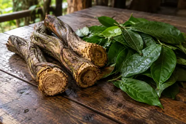 Ayahuasca vine and chacruna leaves prepared for a grief ceremony in Iquitos