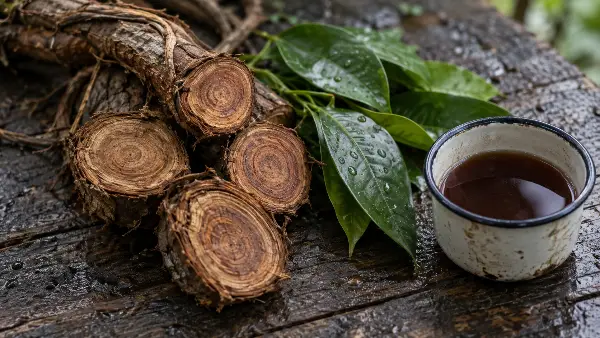 Ayahuasca vine and chacruna leaves beside a cup of brewed ayahuasca