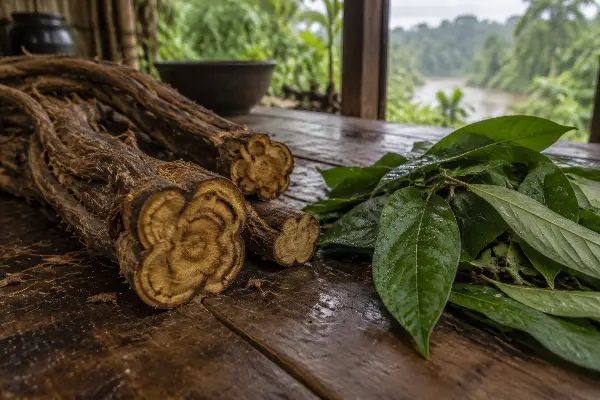 Banisteriopsis caapi vine and chacruna leaves, the 2 plants in ayahuasca