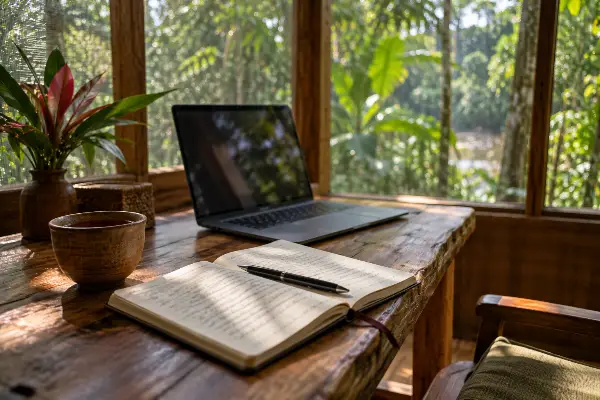 Notebook and laptop on a wooden desk, ready to email questions to ayahuasca retreats before booking