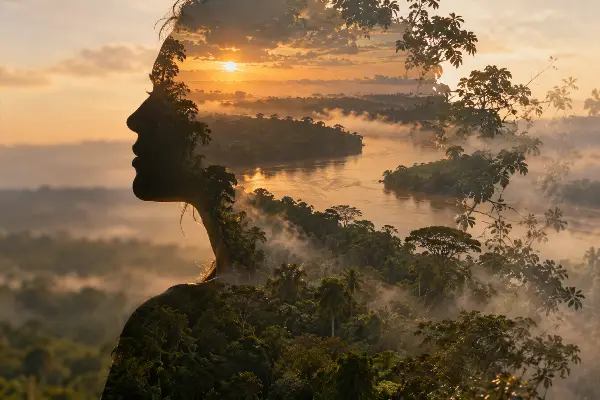 Double-exposure photo of a silhouette fading into Amazon rainforest, showing what ayahuasca ego dissolution feels like