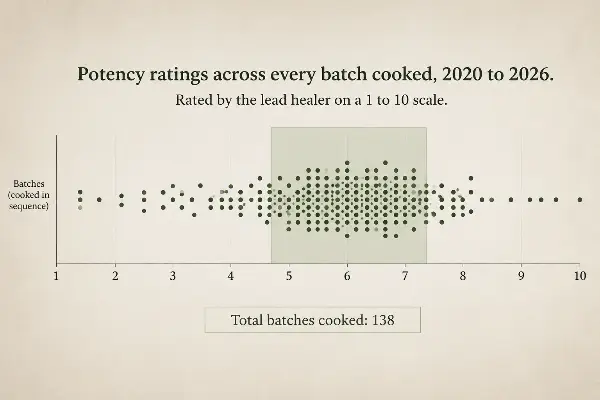 Ayahuasca brew potency ratings across 130 batches clustering between 5 and 7