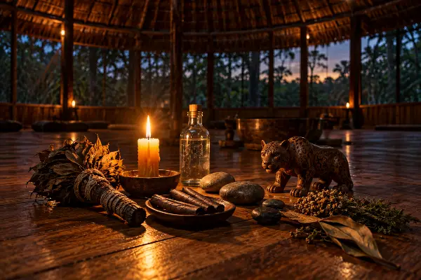 Ceremony altar with a candle, mapacho and shacapa rattle in an ayahuasca maloca near Iquitos