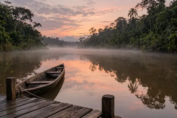 Mist on an Amazon river at dawn after a quiet ayahuasca ceremony where ego dissolution didn't come