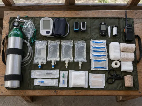 On-site emergency medical kit at an Iquitos ayahuasca retreat center