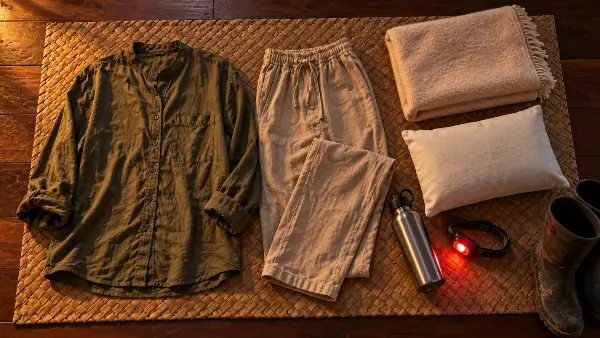 What to wear and bring to an ayahuasca ceremony: long loose clothes, blanket, water, red headlamp, boots