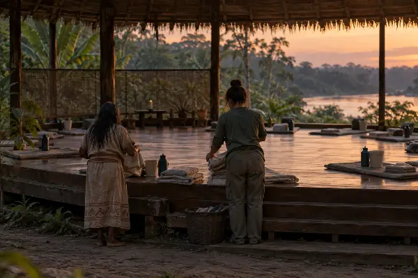 Two women staff preparing the ceremony space before an ayahuasca night