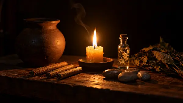 Single candle on the maloca altar, put out at 8:30 PM when the ayahuasca ceremony goes dark