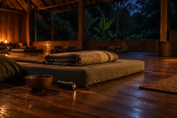 Ceremony mattress and blanket at an Iquitos ayahuasca retreat