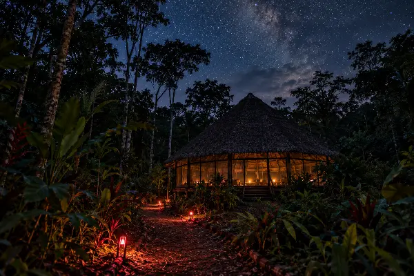 Ceremony house glowing at night in the Amazon, where ayahuasca ego dissolution can feel like bliss or dread