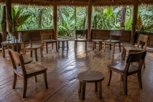 Morning sharing circle set up at an ayahuasca retreat for grief in the Peruvian