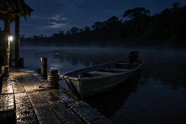 Launch tied at the dock at night, the route out when a call comes from home