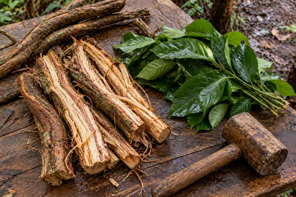 Split Banisteriopsis caapi vine and chacruna leaves prepared for brewing