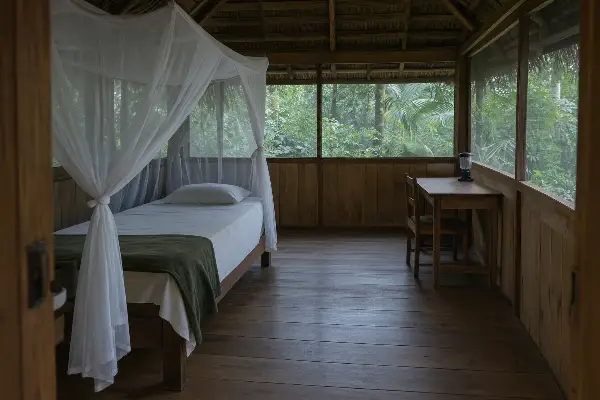 Empty guest tambo at a 10-guest ayahuasca retreat center near Iquitos