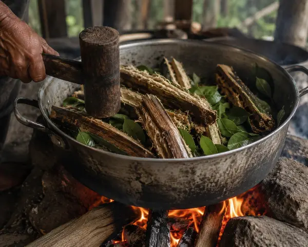 Ayahuasca vine and chacruna layered in the pot before the 18-hour cook